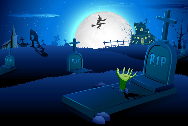 En mørk kirkegård er et ydre virkemiddel i en gyserfortælling.